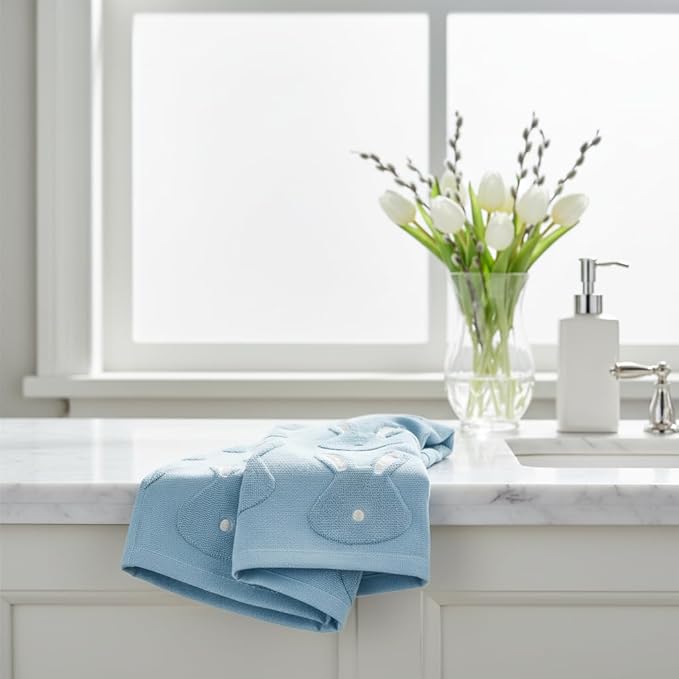 2pcs Easter Bunny Hand Towels Set 100% Cotton Soft Absorbent Spring Bathroom Hand Towels 14x29 Inch Cute Jacquard Easter Kitchen Decor Towels Holiday Kitchen Bathroom Decor Gift(Blue)