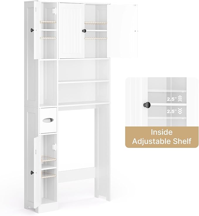 Ahomly Over The Toilet Storage Cabinet with Adjustable Shelves and Five Doors, Over Toilet Bathroom Organizer, Above Toilet Storage Cabinet with Open Shelves for Bathroom, Restroom, Laundry, White