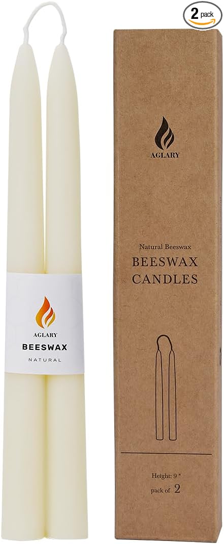9" White Beeswax Taper Candles,2PCS Handmade Natural Candles,Dripless and Smokeless，9-Hour Burn Time.
