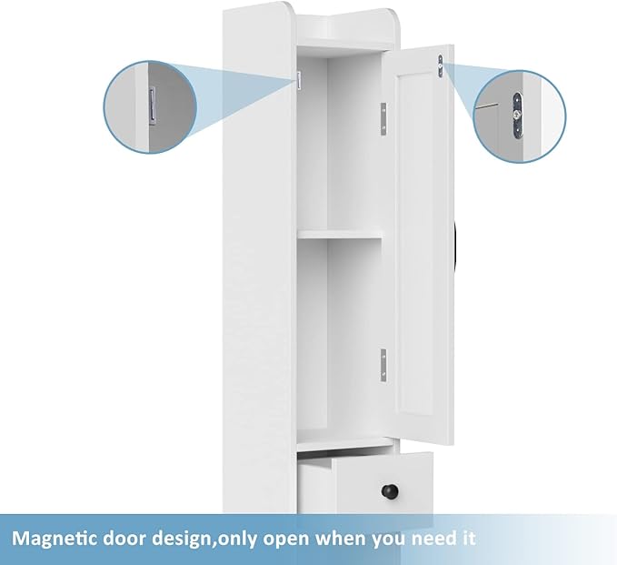 Maupvit Bathroom Storage Cabinet with 2 Frosted Glass Doors, Tall Narrow Storage Cabinet with Doors and Shelves Adjustable, Slim Bathroom Cabinet for Small Spaces, 8 Compartments (White)