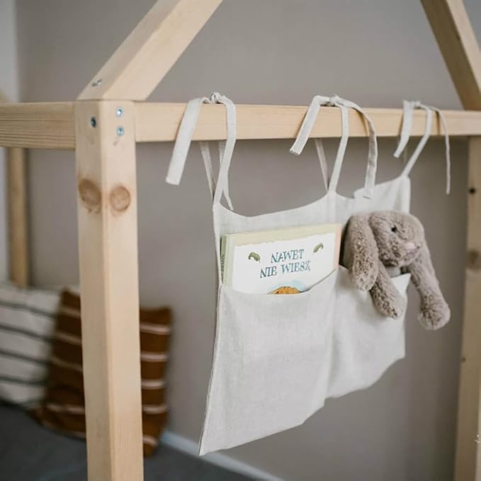 Linen Baby Bedside Hanging Storage Bag,2 Pockets Organizer for Baby Cribs and Toys (Burlywood)