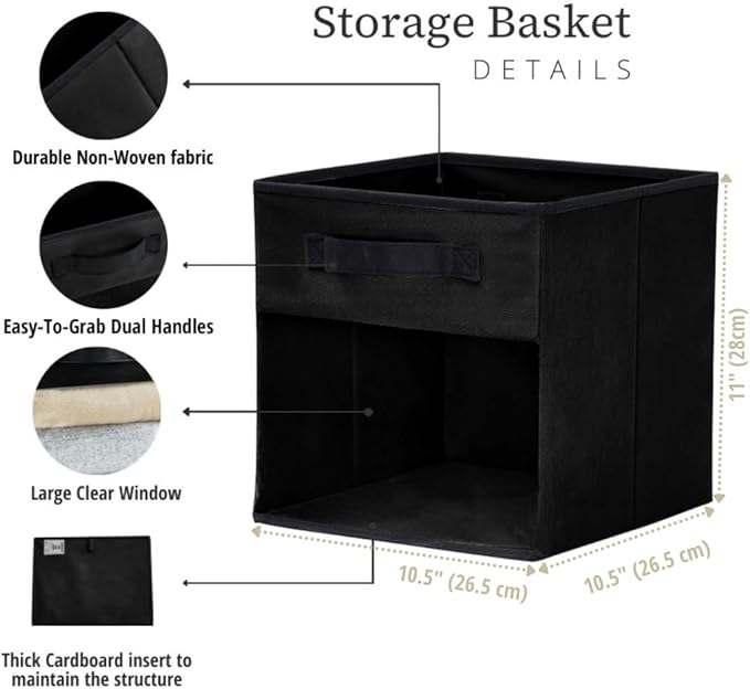 DECOMOMO Storage Bins, Cube Storage Bin with Window, Fabric Storage Cubes for Shelves (11" / 6pcs, Black)
