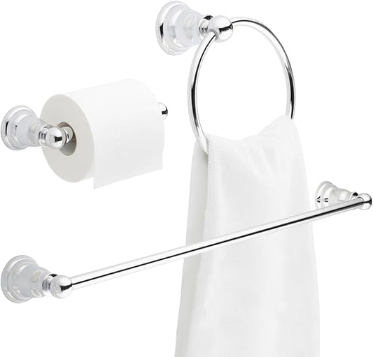3-Piece Bathroom Hardware Set, Polished Chrome Towel Bar, Toilet Paper Holder & Towel Ring – Rust-Resistant Bath Accessory Set for Modern Bathrooms, Easy Install, Heavy-Duty Wall Mount