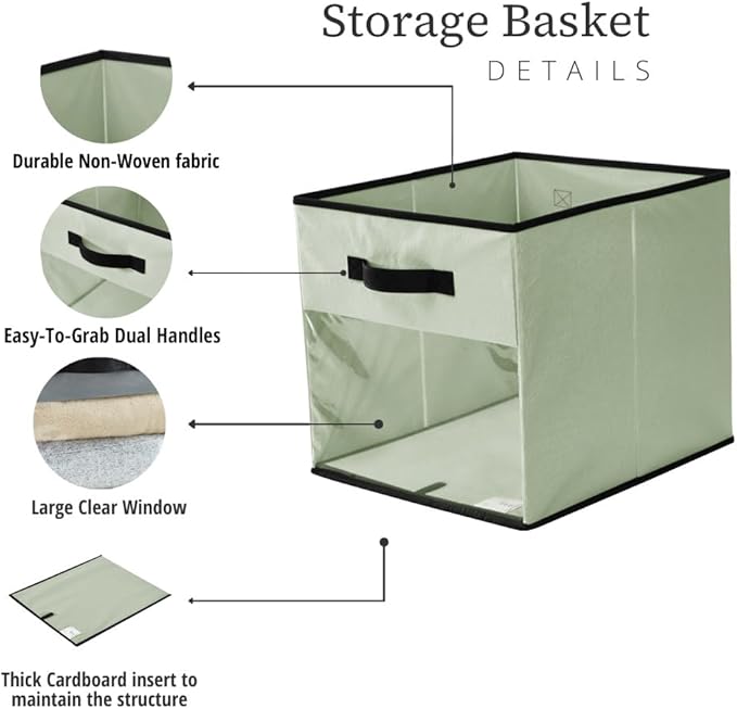 DECOMOMO Kallax Storage Cubes, 13x13x15 Storage Cube Bins with Window, Baskets for Organizing Shelves (Kallax / 4pcs, Green)