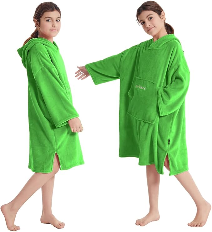 Hiturbo Kids Towel Changing Robe: Soft Plush Wearable Blanket - Warm Coral Fleece Hoodie - Swim Surf Poncho for 5-12 Years (Green)
