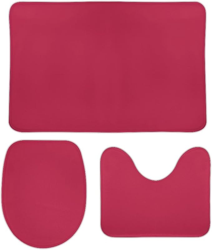 3 Pieces Bath Rug Sets, Solid Magenta Red Bathroom Mat Set Non Slip U Shaped Contour Rug & Toilet Lid Cover
