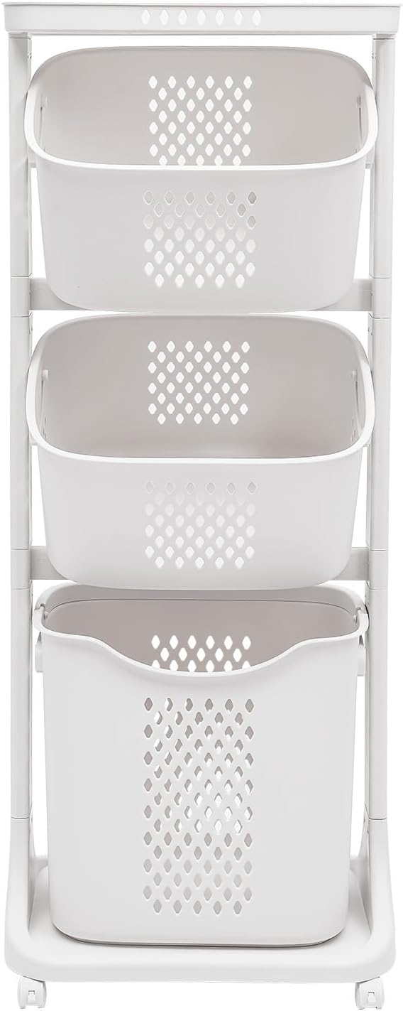 3-Tier Storage Basket Laundry Basket Rolling Cart Washing Hamper Storage Bin Shelf Multifunctional rotating laundry basket organizer Removable Clothes Laundry Basket for Kitchen Living Room