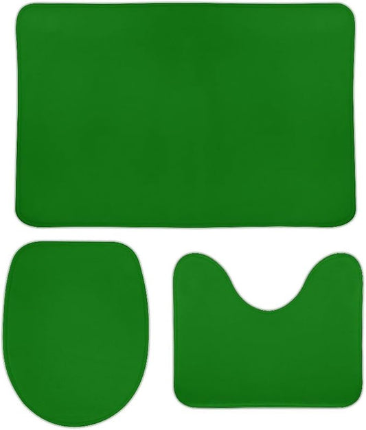 3 Pieces Bath Rug Sets, Solid Green Trend Color Bathroom Mat Set Non Slip U Shaped Contour Rug & Toilet Lid Cover
