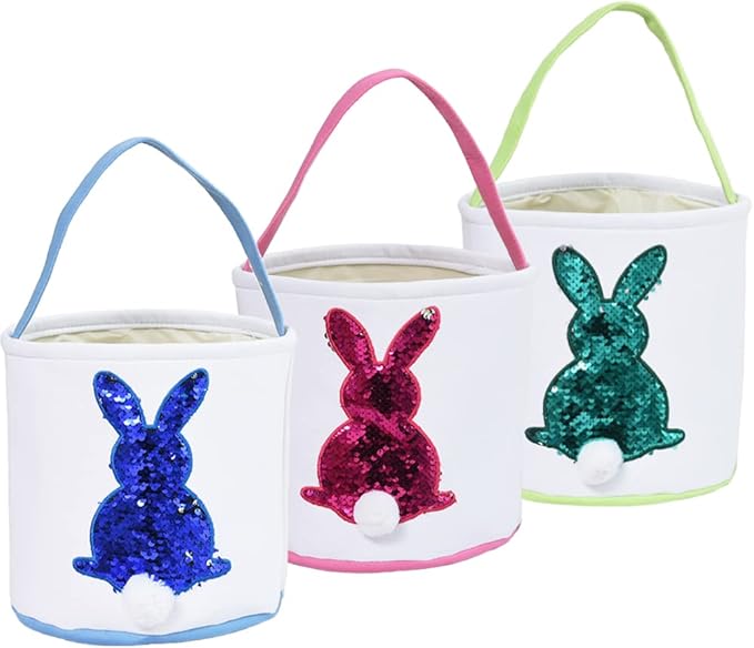 3 Pcs Easter Bunny Basket Bags for Kids - Color Changing Reusable Easter Egg Baskets - Perfect for Girls & Boys Easter Egg Hunts (Pink, Blue, Green)