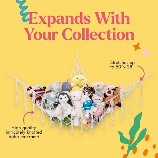 Lilly's Love Stuffed Animal Storage Macrame Hammock, Large - Boho Room Decor Toy Storage - Corner Hanging Plushie Stuffed Animal Net Organizer (Rainbow)