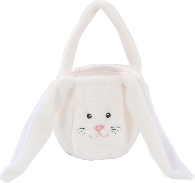 Spryflower Plush Easter Bunny Basket, Children Easter Basket, Cute Cartoon Long Ears Bunny Egg Basket, Soft Plush Easter Gift Bag for Kids, Perfect for Easter Egg Hunt and Family Gath (White)