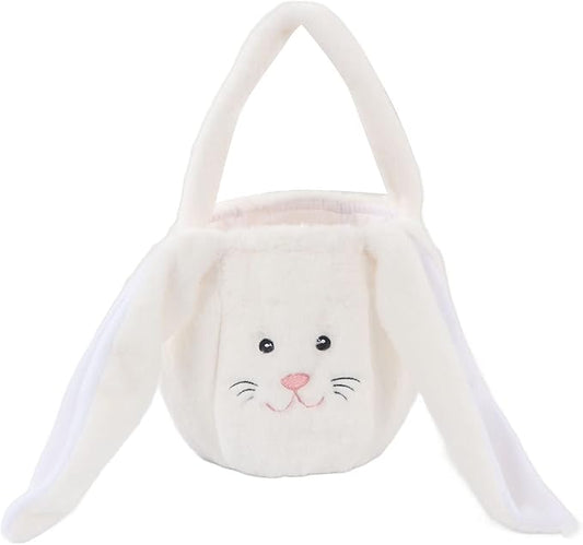 Spryflower Plush Easter Bunny Basket, Children Easter Basket, Cute Cartoon Long Ears Bunny Egg Basket, Soft Plush Easter Gift Bag for Kids, Perfect for Easter Egg Hunt and Family Gath (White)