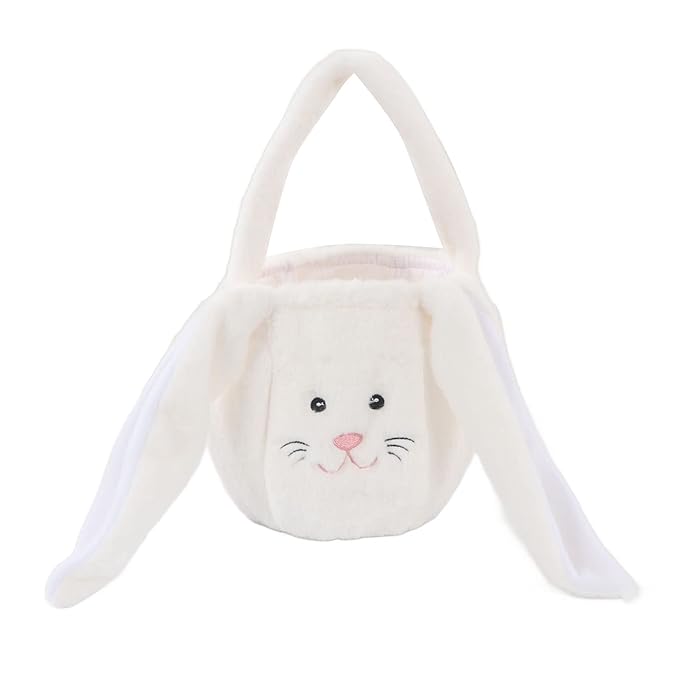 Plush Easter Bunny Basket, Children Easter Basket, Cute Cartoon Bunny Bag with Long Ears, Soft Plush Easter Egg Collector for Kids Easter Party Gift (White)
