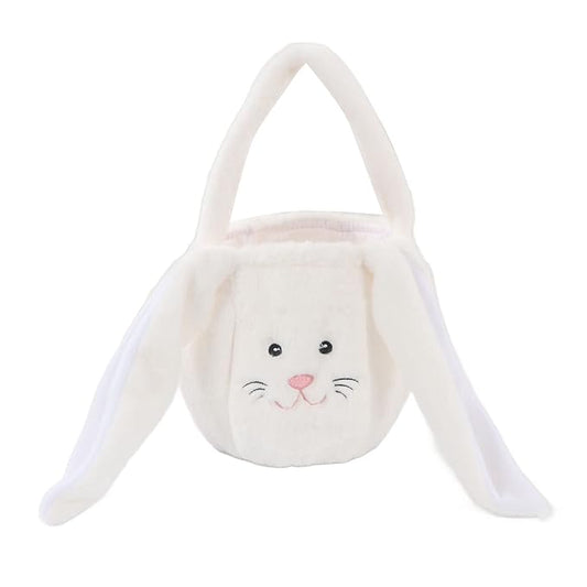 Plush Easter Bunny Basket, Children Easter Basket with Long Ears, Cute Cartoon Rabbit Plush Bag for Easter Egg Hunt, Soft and Durable Easter Bunny Gift for Kids (White)