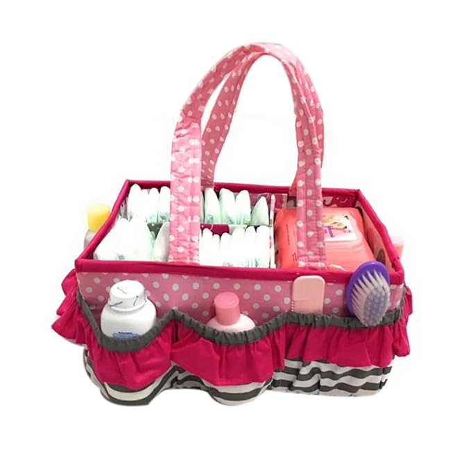 Bacati Elephants Girls Nursery Fabric Storage Caddy with Handles, Pink/Grey