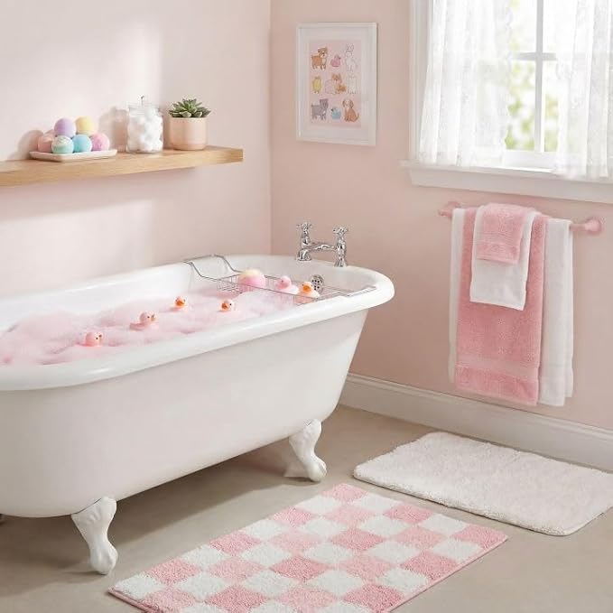 GRANNY SAYS Checkered Pink Bathroom Rugs Decor,32" x 20",Fluffy Rug, Absorbent Microfiber Ultra Soft Bath Mat Washable, Non-Slip Bath Mats for Bathroom, Cute Floor Mat for Tub, Shower, Bedroom