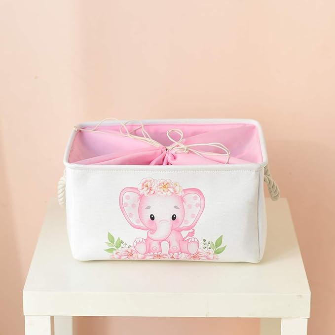 INough Large Nursery Elephant Baby Basket for Shower Gift - Pink Girl Gift Bag, Collapsible and Empty - Decor for Kidsroom, Nursery, Play Room (Large)