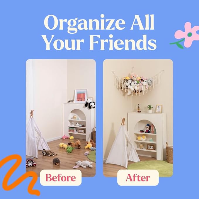 Lilly's Love Stuffed Animal Storage Macrame Hammock, Large - Boho Room Decor Toy Storage - Corner Hanging Plushie Stuffed Animal Net Organizer (Rainbow)