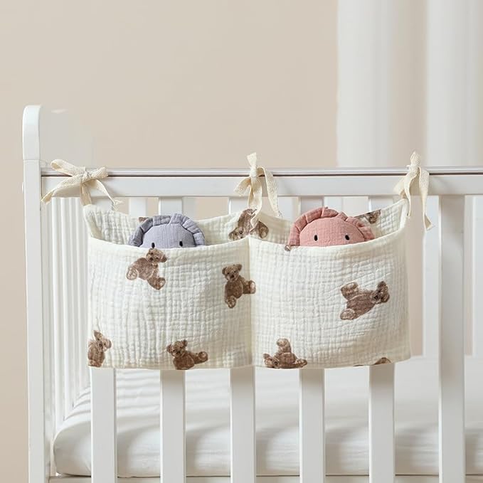White Bedside Hanging Bags Milk Bottle Bib-Storage Crib Organizer Baby Nappy-Dormitory Bed-Bunk Organizing Bag Nappy- Organizer, Little Bear Nursery Hanging Organizers