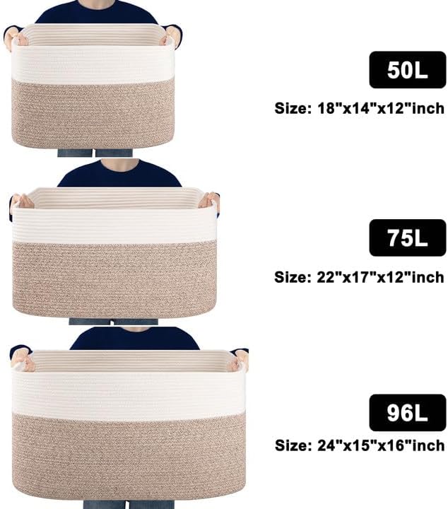 75L Large Blanket Basket, Toy Basket Bin for Kids, Cotton Rope Woven Storage Basket for Living Room, Nursery, Baby Room Decorative Organizer, 22''×17''×12'', Brown and White
