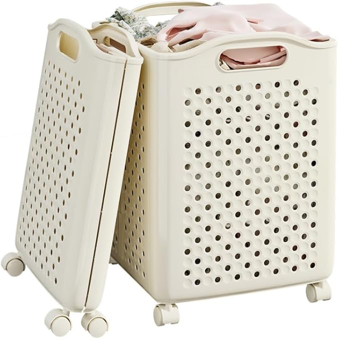 57L Collapsible Laundry Basket with Wheels, Laundry Basket Collapsible, Foldable Laundry Baskets with Handles, Dirty Clothes Hamper for Dorm, Bedroom and Bathroom (Cream White)