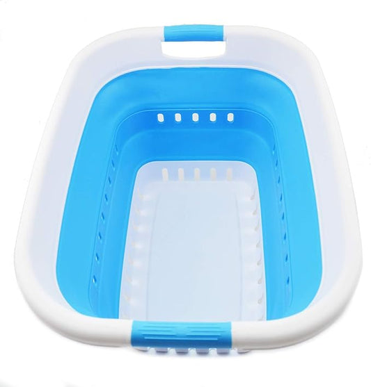 SAMMART 37L (9.77 gallon) Collapsible Plastic Laundry Basket - Foldable Pop Up Storage Container/Organizer - Space Saving Hamper/Basket (1, White/Marine Blue)