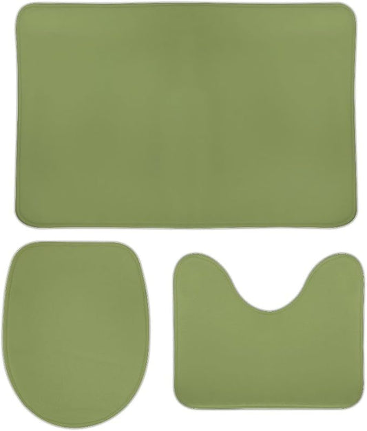 3 Pieces Bath Rug Sets, Light Green Trend Color Bathroom Mat Set Non Slip U Shaped Contour Rug & Toilet Lid Cover