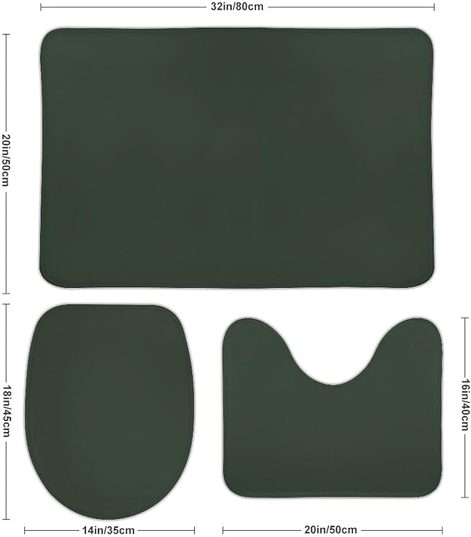 3 Pieces Bath Rug Sets, Forest Green Trend Color Bathroom Mat Set Non Slip U Shaped Contour Rug & Toilet Lid Cover