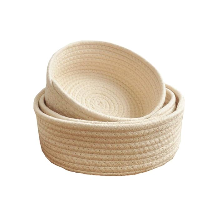 Cotton Rope Handmade Woven Home Storage Household Candy Toys Storage Basket Sundries Collection Box Candy Snack Food Tray SML Pack of 3 (Round, Beige)