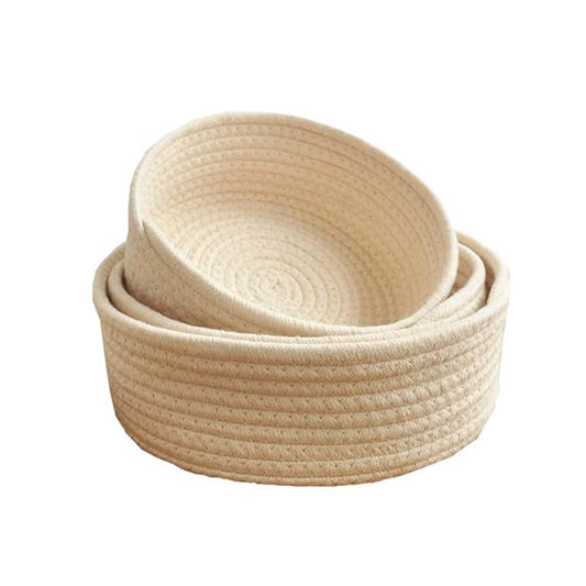 Cotton Rope Handmade Woven Home Storage Household Candy Toys Storage Basket Sundries Collection Box Candy Snack Food Tray SML Pack of 3 (Round, Beige)