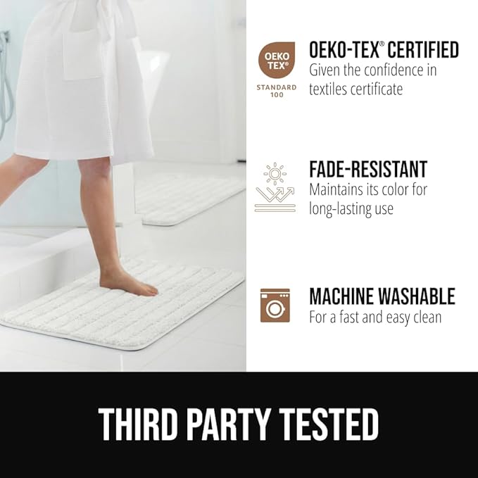 GORILLA GRIP Textured Backing Bathroom Rugs, Soft Memory Foam Absorbent Striped Bath Mats, Machine Washable & Fade Resistant, Bathmat Accessories for Floor, Home Decor Shower Essentials, White 24x16