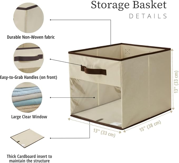 DECOMOMO Kallax Storage Cubes, 13x13x15 Storage Cube Bins with Window, Baskets for Organizing Shelves (Kallax / 4pcs, Beige)