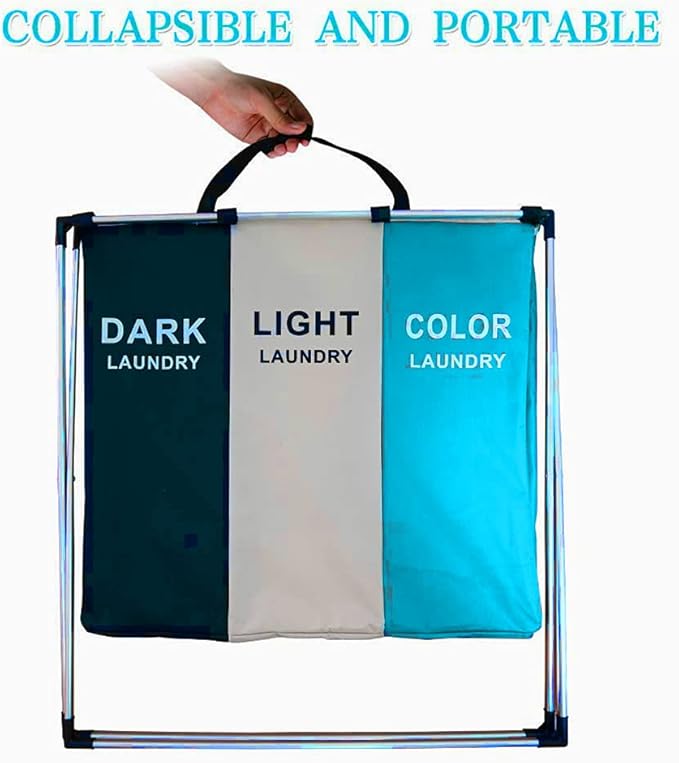 Laundry Cloth Hamper Sorter Basket Bin Foldable 3 Sections with Aluminum Frame 26InIn×24InInH Washing Storage Dirty Clothes Bag (3 Liner, Black + white + sky blue)