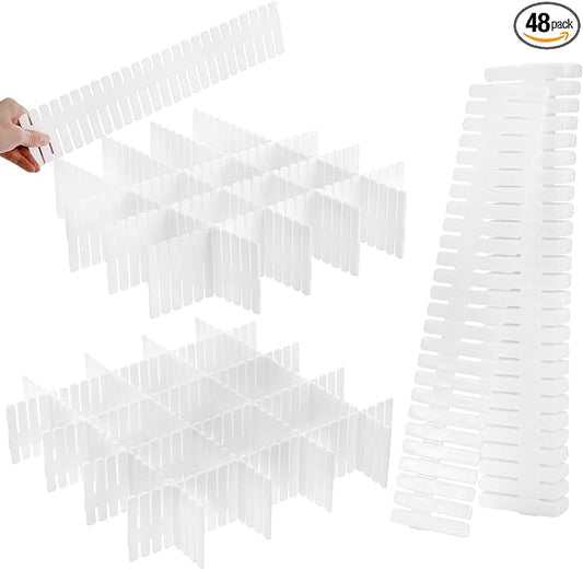 Foraineam 48Pcs Drawer Dividers, Adjustable DIY Grid Divider White Storage Organizer Separator, Socks Underwear Scarves Makeup Drawer Organizer Divider for Dresser Bedroom Office Kitchen Storage