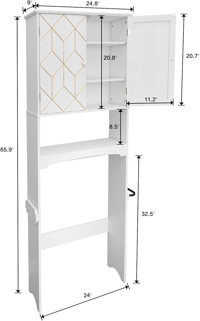 HLR Over The Toilet Storage Cabinet with Gold Trim, Over Toilet Bathroom Organizer with Adjustable Shelves and Toilet Paper Holder, Above Toilet Storage Cabinet Spacesaver for Bathroom(White)