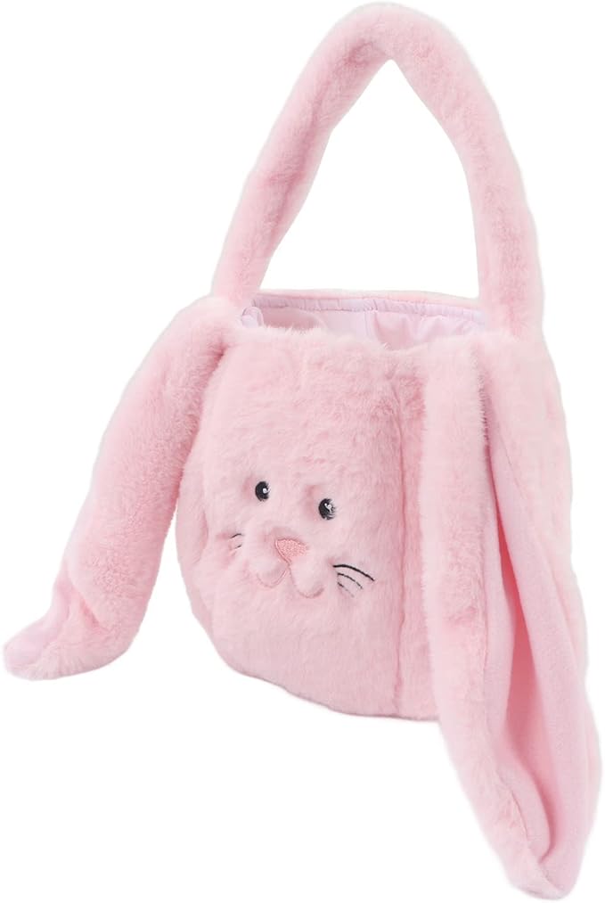 Spryflower Plush Easter Bunny Basket, Children Easter Basket, Cute Cartoon Long Ears Bunny Egg Basket, Soft Plush Easter Gift Bag for Kids, Perfect for Easter Egg Hunt and Family Gath (Pink)