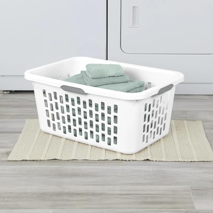 2 Bushel Large Plastic Laundry Basket with 4 Comfort Grip Handles, White - Durable, Lightweight, Spacious Laundry Storage for Home, Dorm, and Apartments