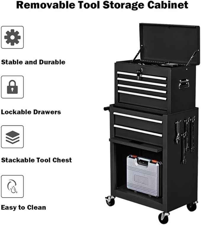 Pemberly Row Rolling Cabinet Storage Chest Organizer, Steel Construction, Black Powder-Coated Finish, 6 Drawers with Lockable Compartments, Swivel Casters with Brakes, Tool Storage for Garages and