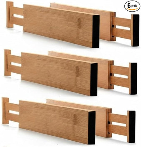 Bamboo Drawer Dividers, 6 Pack 2.4" Height Adjustable from 12.5-17" Works in Kitchen, Dresser, Bathroom, Bedroom, Drawer, Desk, Expandable Drawer Separators Splitte with Soft Foam Ends