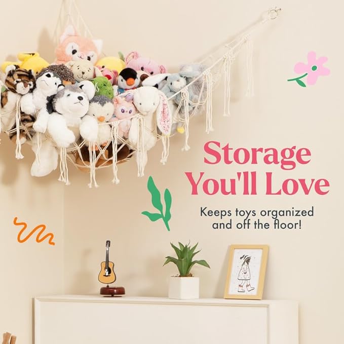 Lilly's Love Stuffed Animal Storage Macrame Hammock, Large - Boho Room Decor Toy Storage - Corner Hanging Plushie Stuffed Animal Net Organizer (Mint)