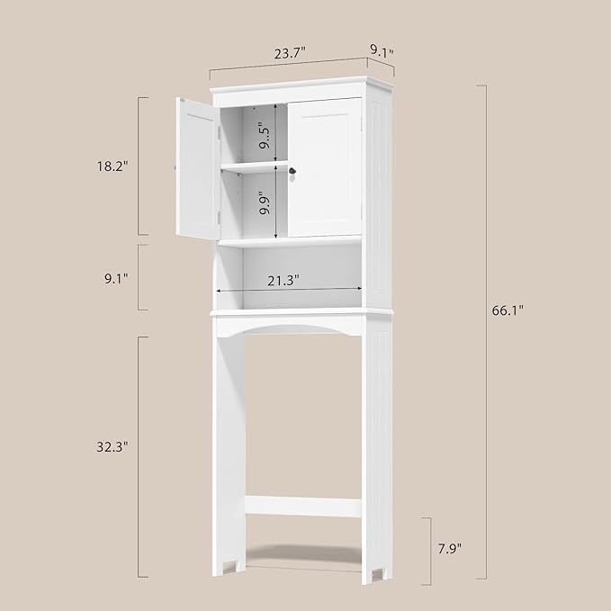 Gizoon Over The Toilet Storage Cabinet with Adjustable Shelf and Double Doors, Bathroom Space Saver Organizer Above Toilet with Open Shelf, Taller Wooden Free Standing Toilet Rack -White