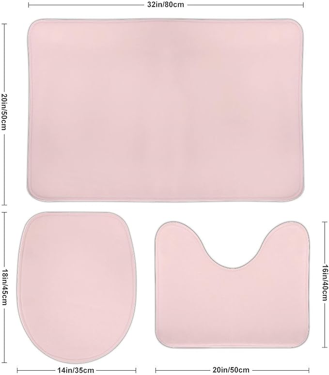 3 Pieces Bath Rug Sets, Blush Pink Bathroom Mat Set Non Slip U Shaped Contour Rug & Toilet Lid Cover