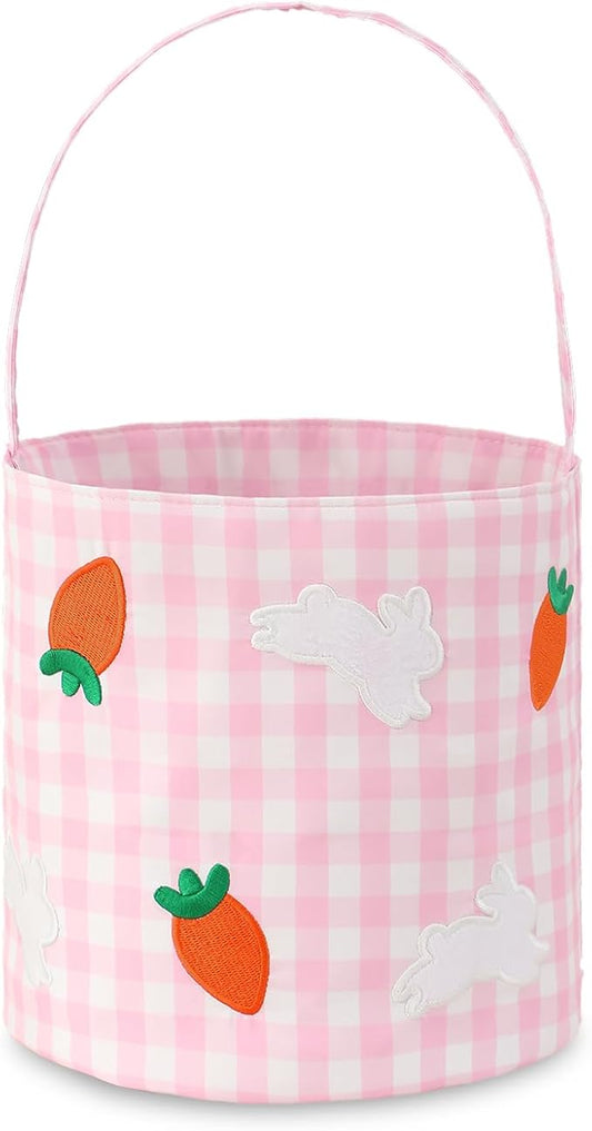 Easter Bunny Basket for Kids,Cute Easter Bucket Bags with Rabbit Ears for Easter Eggs Hunting,Easter Decorations,Candy Gifts Storage (Pink Gingham)