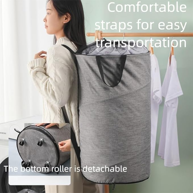 Large Laundry Basket，Waterproof, Freestanding Laundry Hamper, laundry baskets on wheels，Collapsible Tall Clothes Hamper with Extended Handles for Clothes Toys in the Dorm and Family-(72L) (grey)