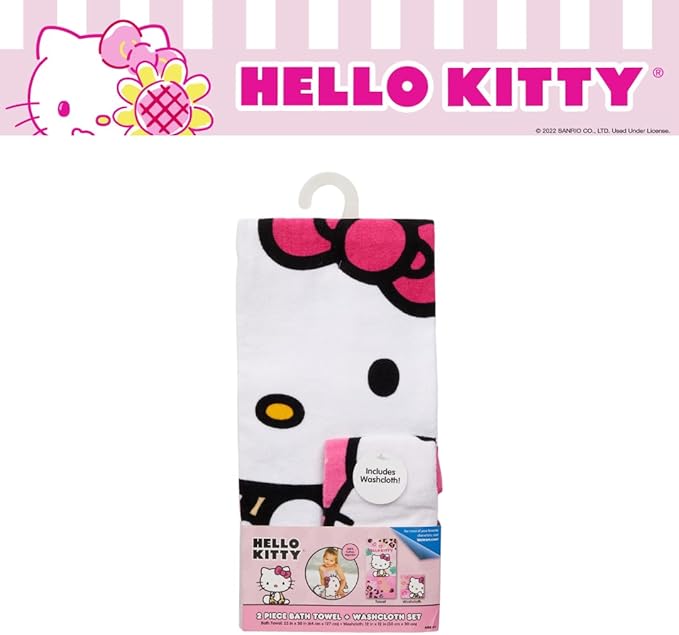 Hello Kitty Kids Bath/Pool/Beach Soft Absorbent Cotton Terry Towel with Washcloth 2 Piece Set, 50 in x 25 in, (Officially Licensed Product) by Franco
