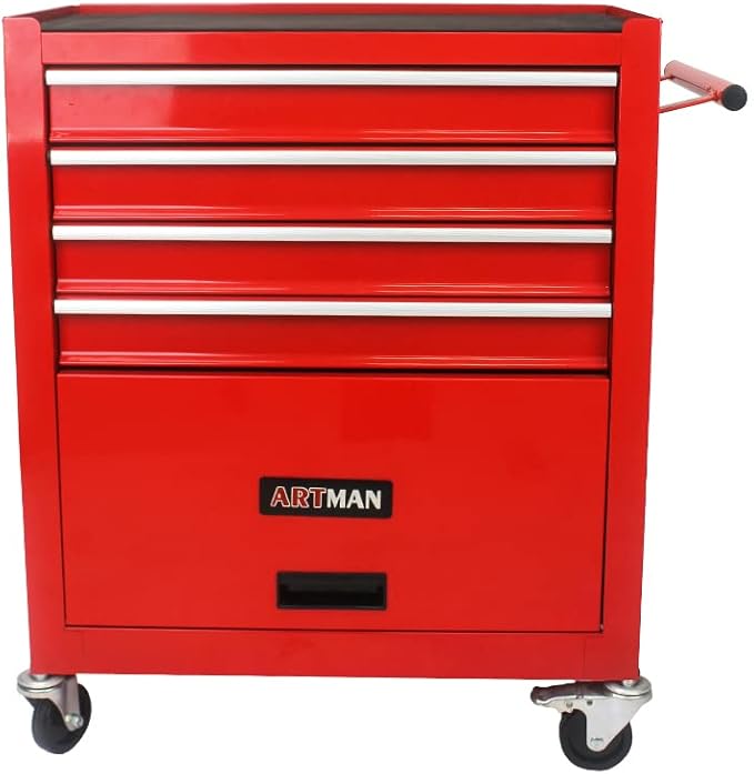 4-Drawer Rolling Tool Chest Cabinet, Large Capacity Metal Tool Box with Wheels, Storage Organizer Tool Cart for Garage, Warehouse, Work Shop (Red)