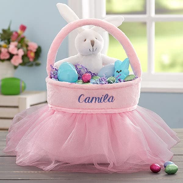Personalization Universe Pink Tutu Personalized Easter Basket – Embroidered Name Plush Easter Basket – Custom Kids & Baby Easter Egg Basket