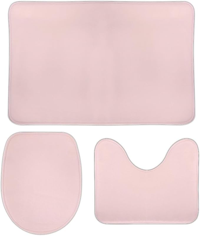 3 Pieces Bath Rug Sets, Blush Pink Bathroom Mat Set Non Slip U Shaped Contour Rug & Toilet Lid Cover