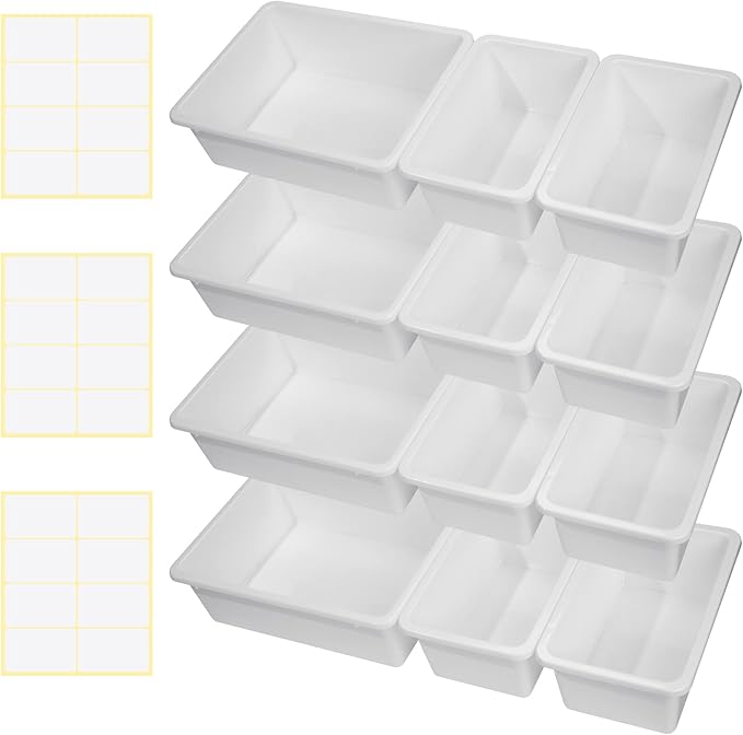 Zonon 12 Pcs Plastic Cubby Bins Office Storage Container Storage Bins Plastic Organization with 1 Pack Self Adhesive Label for Library Office Home Nursery(White)