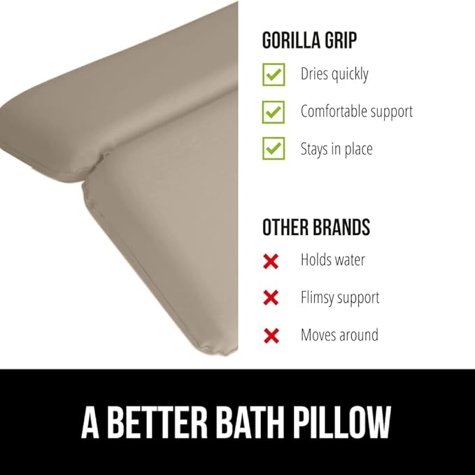 GORILLA GRIP Bath Pillow for Tub, Strong Suction Cups, Luxury Bathtub Pillows, Headrest Neck and Back Support, Relaxing Hot Tub and Home Spa Accessories, Bathroom Essentials, Gifts for Women, Beige